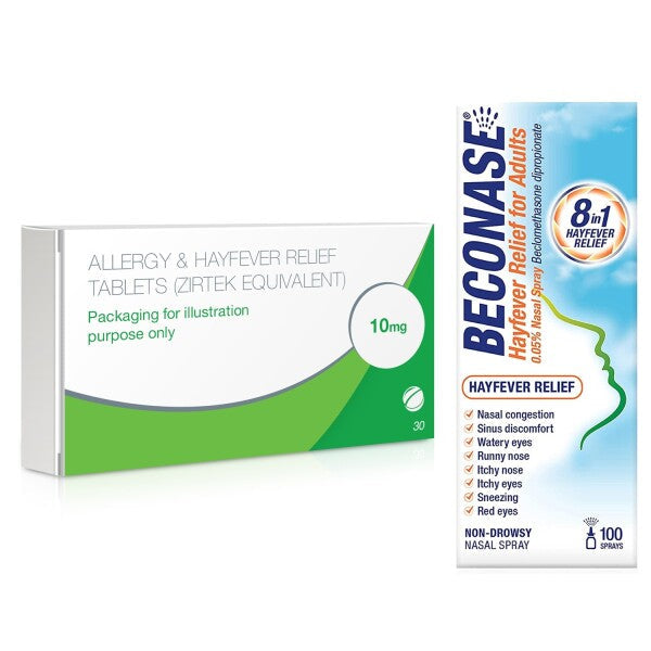 Allergy & Hayfever Relief Cetirizine and Beconase Adults Nasal Spray Bundle - 30 Tablets