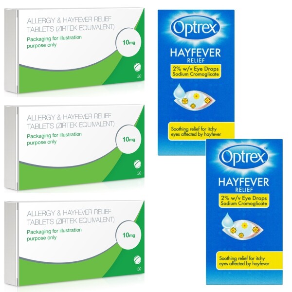 Allergy & Hayfever Relief Cetirizine and Optrex Allergy Eye Drops Bundle - 30 Tablet